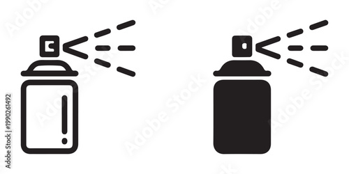 Aerosol can spraying mist droplets with line art and solid black silhouette for product advertising or icon use.