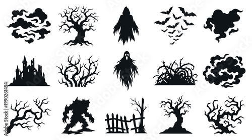 Halloween Vector Silhouettes: Haunted Castle, Spooky Trees, Ghosts, Bats, and Clouds