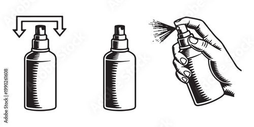 Cosmetic spray bottle instruction set with hand holding aerosol container for skin care hair mist and body perfume.