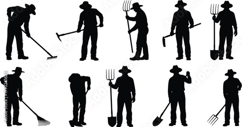 Set of ten detailed black silhouettes of farmers and gardeners wearing hats and holding various agricultural tools, isolated on a clean white background for design