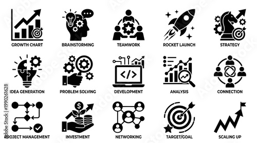 Business Icons Set: Strategy, Growth, Teamwork, Investment, Innovation