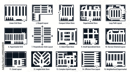 Retail Store Layouts Black  White Glyph Diagrams - Supermarket, Departmental  Shop Floor Plans
