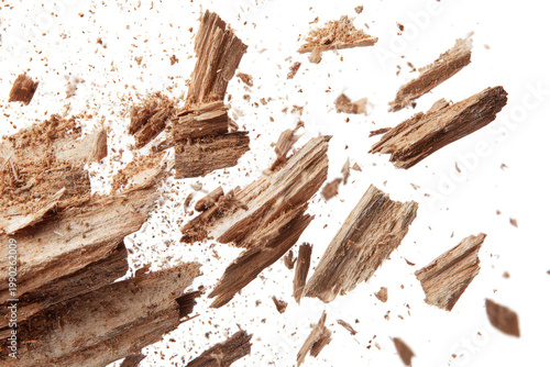 Flying wood splinters and dust in mid-air explosion