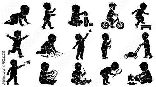 Child Development Baby Toddler Activities Vector Silhouette Glyphs Icon Set