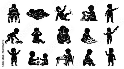 Childcare Baby Toddler Daily Life and Development Glyph Silhouette Icon Set