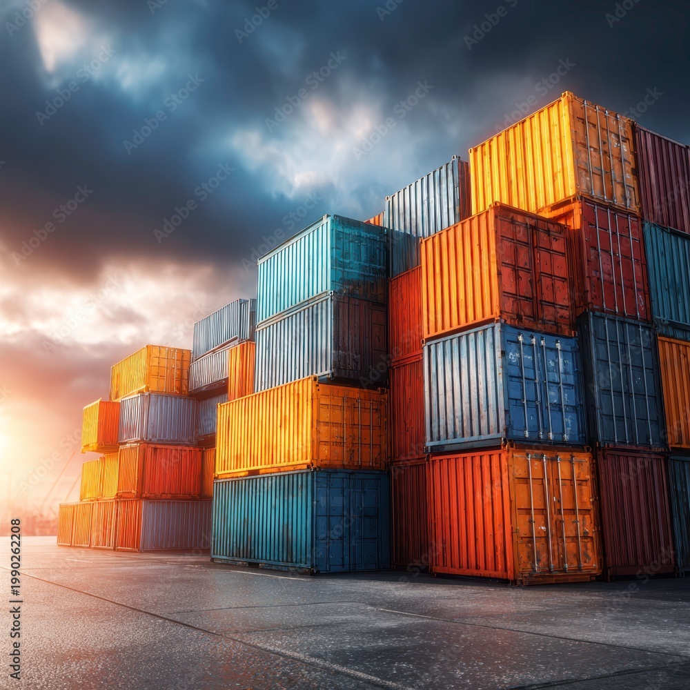 Fototapeta premium Vibrant Shipping Containers Stacked Under Dramatic Sky at Dusk