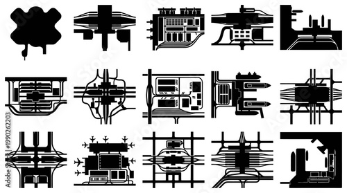 Futuristic Cityscape, Transportation Hubs, Icons, Black and White