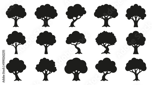 Black Silhouette Trees Vector Icons Set on White Background