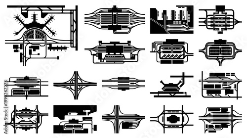 Transportation Infrastructure Layouts, Road Junctions,  Hubs - Black  White Line Art Vector Icons