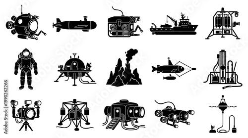 Deep Sea Exploration Underwater Research Marine Technology Icons Set. Oceanography Black  White Glyphs.