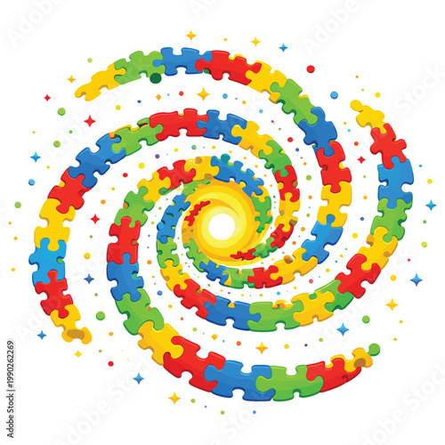 Colorful Puzzle Pieces Forming Spiral Pattern.