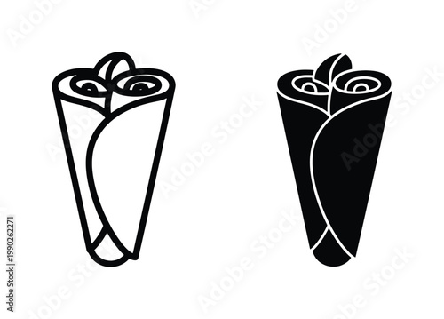 Minimalist burrito wrap icons, black and white tortilla roll vector set, simple fast food shawarma and kebab line art for restaurant menus