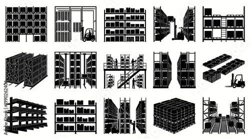 Warehouse Storage Racks, Shelves  Logistics Icons Set - Black and White Glyphs
