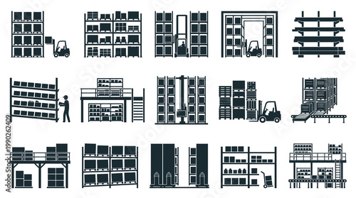 Warehouse Logistics Storage Icons Set - Industrial Inventory Management Glyph Silhouettes