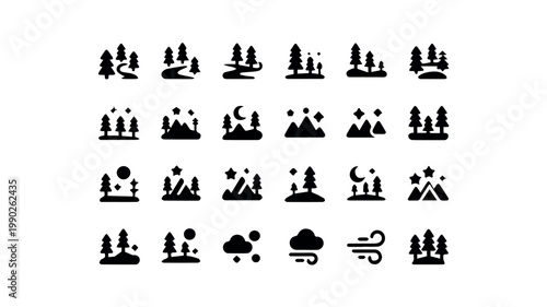 A comprehensive grid of twenty-four black glyph icons representing various nature, outdoor, and weather-related elements, perfect for environmental and adventure themes.