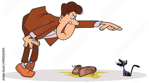 Angry man scolding naughty little cat.