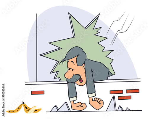 Unlucky man falling through broken window.