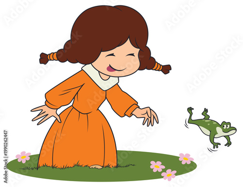 Happy girl trying to catch frog.