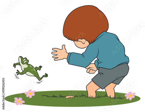 Curious boy trying to catch frog.