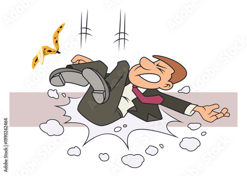Unlucky businessman slipping on banana peel.