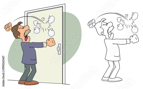 Angry man aggressively knocking on door.