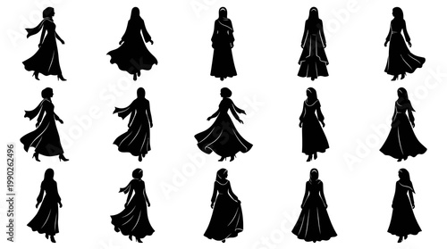 Elegant Muslim Women Modest Fashion Hijab Dress Silhouette Vector Set