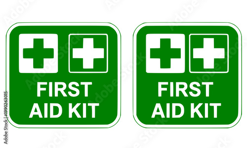  Green first aid kit sign set with medical cross symbol in square and rounded rectangle styles, ideal for healthcare, emergency safety, hospital, pharmacy, and workplace signage design