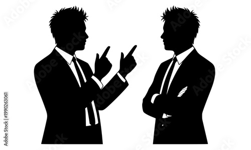 Two businessmen silhouettes in a heated argument or discussion with pointing finger gesture, perfect for conflict, negotiation, corporate debate, and confrontation themed design concepts