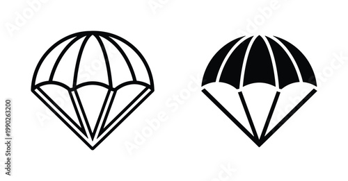 Minimalist parachute icon set, black and white skydiving vector symbols, simple paragliding line art and solid silhouette graphics for extreme sports