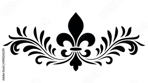A classic and elegant black Fleur de Lis emblem is centrally placed within an ornate, symmetrical scrollwork border, creating a sophisticated decorative divider element.