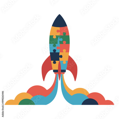Colorful Puzzle Piece Rocket Launching into Space.