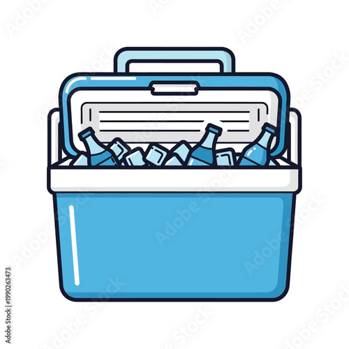 Blue cooler box full of ice and bottles summer refreshment concept isolated on white background