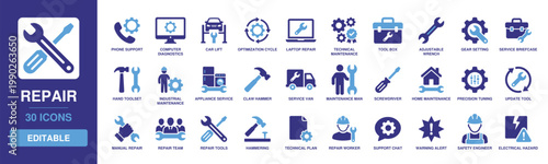 Repair icon set featuring solid glyph vectors for computer diagnostics, tool box, wrench, technical maintenance, service van, screwdriver, hammer, home repair, and industrial support.