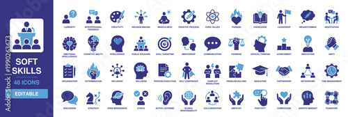 Soft skills icon set displaying solid glyph symbols for leadership, communication, critical thinking, emotional intelligence, teamwork, creativity, empathy, and time management skills.