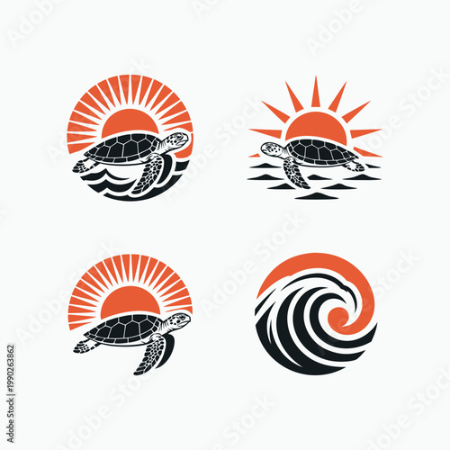 Sea Turtle and Ocean Wave Emblem Set with Sunset Sunburst