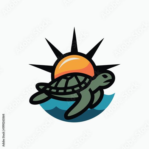 Sea Turtle Swimming in Ocean Waves with Rising Sun Mascot Logo