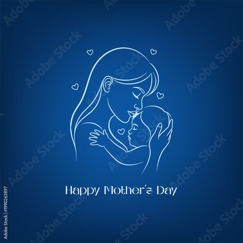 Continuous line art illustration of mother kissing baby forehead on blue background with hearts. Artistic white stroke drawing celebrating mothers day and unconditional maternal affection.