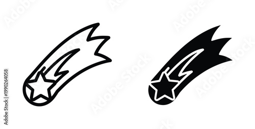 Falling star vector icons, shooting star comet silhouettes, black and white celestial astronomical symbols, minimalist space meteor graphics