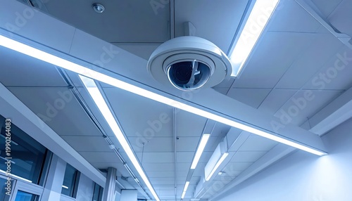 Modern Security Camera Mounted on a Ceiling with Fluorescent Lights.