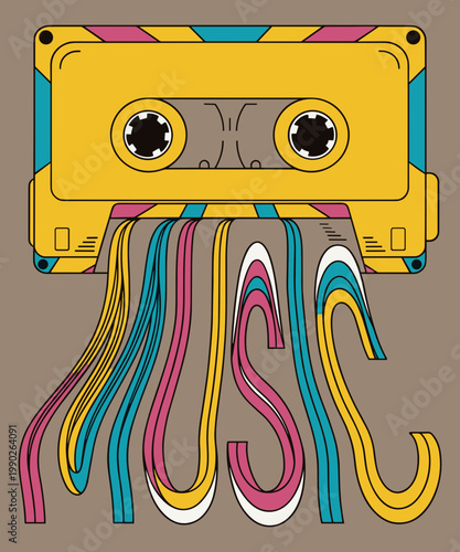 Retro cassette tape with its magnetic tape unraveling to spell out the word "MUSIC" in a wavy, colorful design.