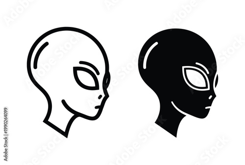 Minimalist alien head vector icons, extraterrestrial profile silhouette set, black and white sci-fi character graphics for gaming and logo design