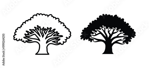 Oak tree silhouette and outline vector set, minimalist black and white deciduous tree icons, nature and environment graphic elements for logo design