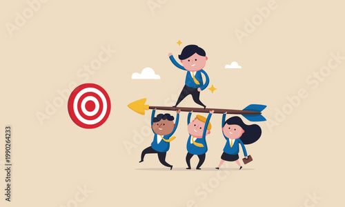 Teamwork and collaboration propel leader towards business success and target achievement.