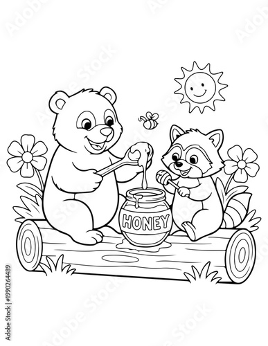 Cute bear and raccoon friends collecting honey, cartoon illustration, coloring book, vector graphics