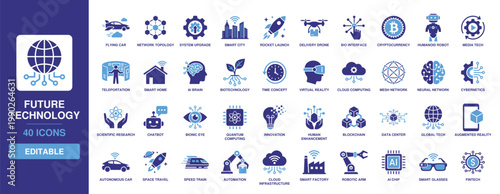Future technology icon set displaying solid glyph designs for humanoid robot, smart city, ai brain, quantum computing, biotechnology, augmented reality, and blockchain network tech.