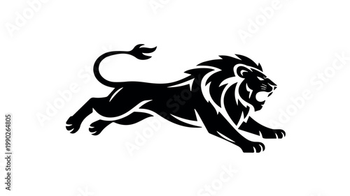 A dynamic and powerful black silhouette illustration of a roaring lion in a full leaping or running motion, showcasing strength and agility.