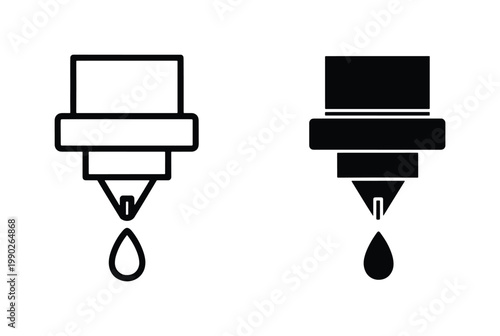 3D printer nozzle icons, industrial extruder head vector set, black and white printing technology symbols for manufacturing and prototyping