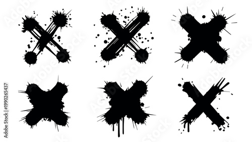 A collection of six distinct black grunge X marks, each rendered with unique paint splatters, drips, and rough textures, conveying a raw, distressed aesthetic.