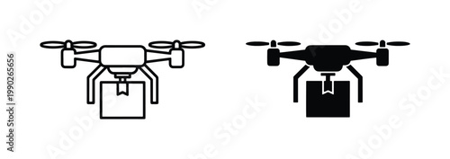 Delivery drone vector icons with cargo box, quadcopter shipping service symbols, unmanned aerial vehicle carrying package, logistics technology set