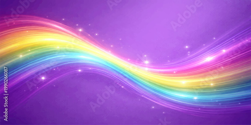 A vibrant and uplifting illustration of a colorful rainbow wave, flowing gracefully across a vivid purple backdrop, adorned with sparkling accents, creating a sense of joy and optimism.